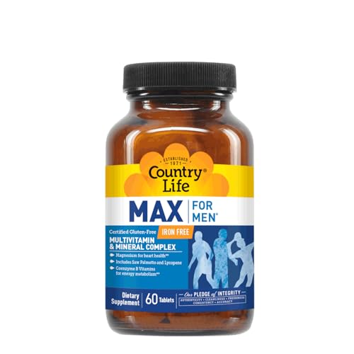 Country Life Max for Men, Multivitamin & Mineral Complex, Iron-Free, Vegetarian Tablets, 60 Count, Certified Gluten Free, Certified Vegetarian