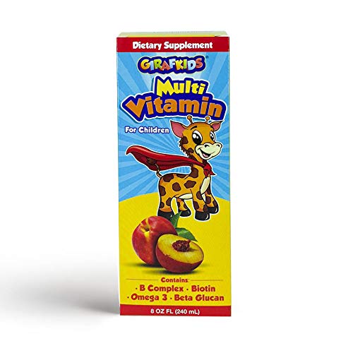 GirafKids Multivitamin Syrup for Children, 8oz | Daily Multivitamin for Kids Ages +4 with Omega-3, Beta Glucan & Folic Acid for Energy and Growth | Delicious Peach Flavor | Liquid Dietary Supplement