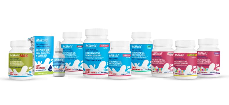 Milkaid Junior Lactase Enzyme Chewable Tablets for Lactose Intolerance | Prevents Gas, Bloating, Diarrhea in Children| Fast Acting Dairy Digestive Supplement for Kids| 60 ct (60 Tablets, Vanilla)