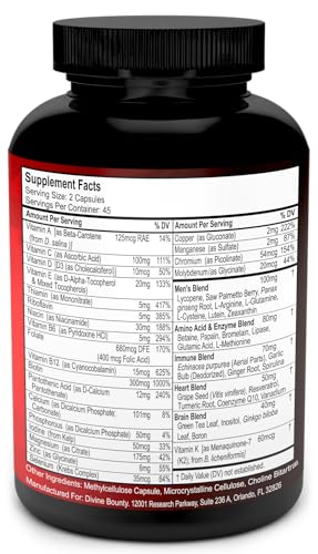 Mens Multivitamin – Daily Multivitamin for Men with Vitamin A C D E K B Complex, Calcium, Magnesium, Selenium, Zinc Plus Heart, Brain, Immune, and Men's Multivitamins – 90 Vegetarian Capsules