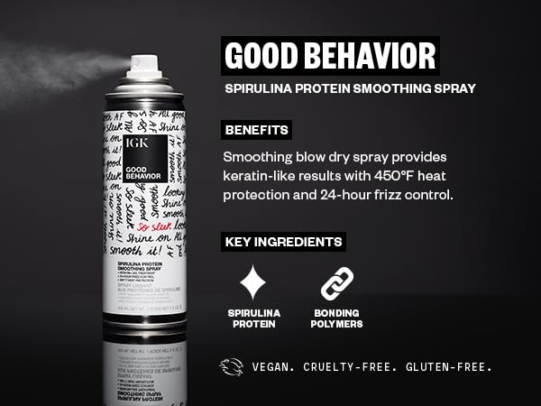 IGK GOOD BEHAVIOR Ultra Smooth Shampoo & Conditioner Set (8 Oz) + GOOD BEHAVIOR Spirulina Protein Smoothing Spray (5.6 Oz) | Frizz Control + Hydrates + Shine | Vegan + Cruelty Free | Set of 3