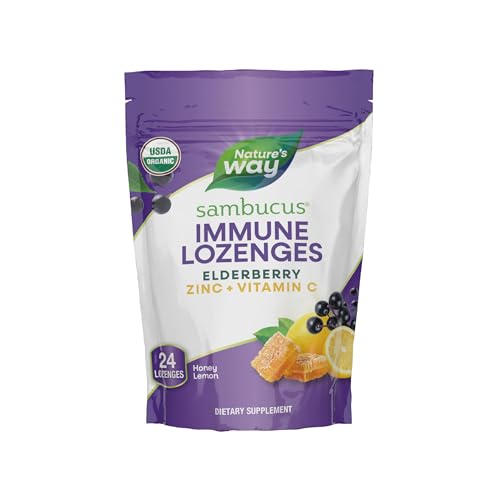 Nature's Way Sambucus Immune Lozenges, Zinc, Vitamin C, Elderberry, Immune Support*, USDA Organic, Honey Lemon Flavor, 24 Lozenges (Packaging May Vary)