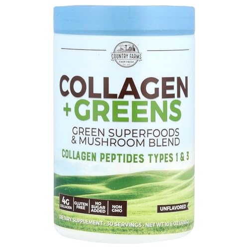 COUNTRY FARMS Collagen Peptides Powder with Greens Dietary Powder Supplement (Type I, III) for Skin Hair Nail and Joints, Dairy/Gluten/Sugar Free, Energizing Superfoods, Natural, 10.6 Oz 30 Servings