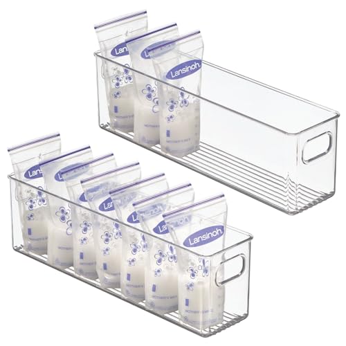 mDesign Plastic Long Stackable Storage Organizer Container, Organization Bin w/Handles for Kitchen, Pantry, Fridge, Freezer, Cabinet, Perfect to Hold Breast Milk - Ligne Collection - 2 Pack, Clear