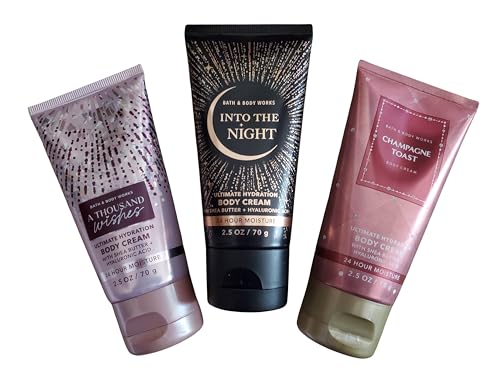 Bath & Body Works Travel Size Ultimate Hydration Body Creams: Thousand Wishes, Into the Night, Champagne Toast 2.5 Ounces Set of 3