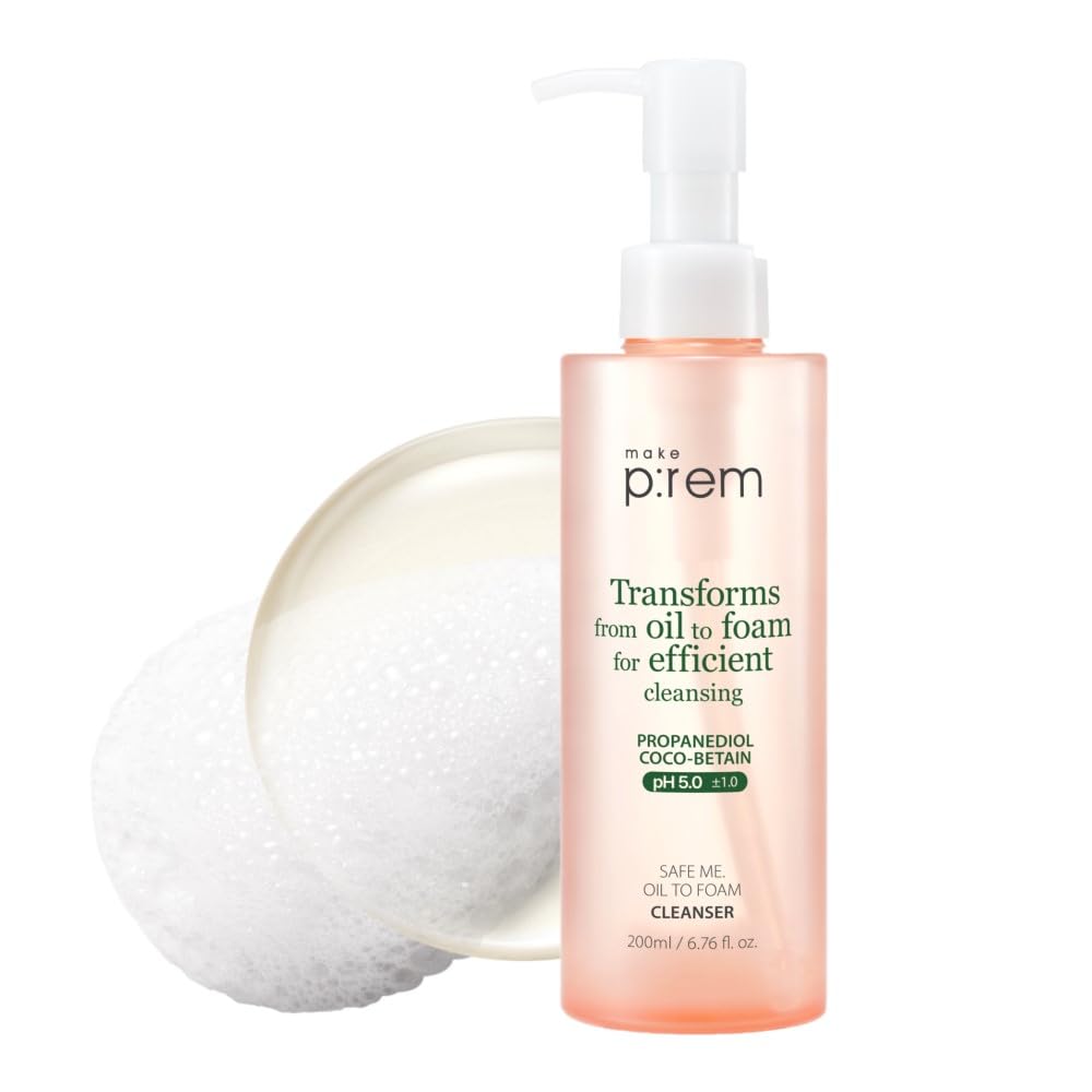 MAKE P:REM Safe Me. Oil to Foam Cleanser, Gentle Transforming Cleanser for Sensitive Skin, Korean Skin Care, 6.76 fl.oz. / 200ml