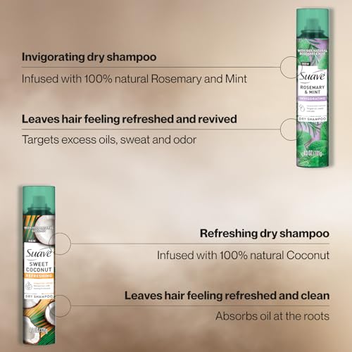 Suave Dry Shampoo Spray Variety 2-Pack – Invigorating Rosemary & Mint, Refreshing Sweet Coconut, 4.3 Oz Ea