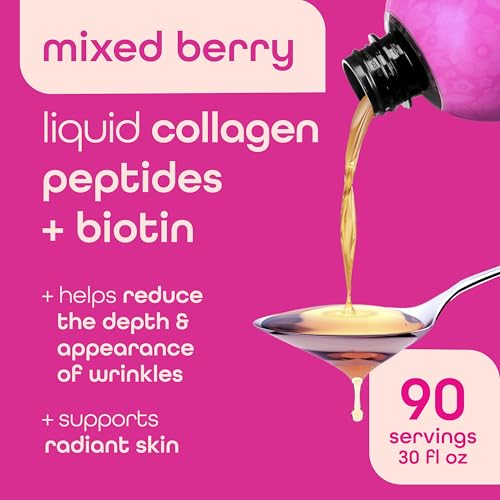 Zena Liquid Collagen Peptides for Women & Men + Biotin 5000mcg | Hydrolyzed Multi Verisol Collagen Peptides 2500mg | Sugar & Gluten Free Hair, Skin, Nail Supplement | Berry | 90 Servings, 30 FL Oz