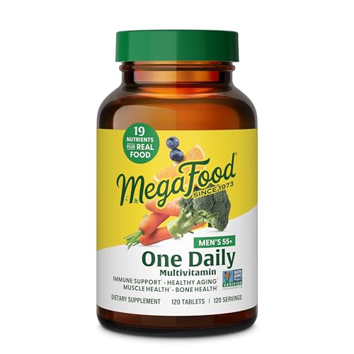 MegaFood Men's 55+ One Daily - Multivitamin for Men with Vitamin B12, Vitamin C, Vitamin D & Zinc - Optimal Aging & Immune Support Supplement - Vegetarian - Made Without 9 Food Allergens - 120 Tabs