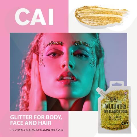 Body Glitter Gel- Face, Body & Hair (1 Pk Gold) Chunky Iridescent Holograph Stars & Moon, 3 oz | Cosmetic-Grade Makeup, Apply Without Glue, Easy to Take Off & Keep Skin Clean - for Concerts, Raves