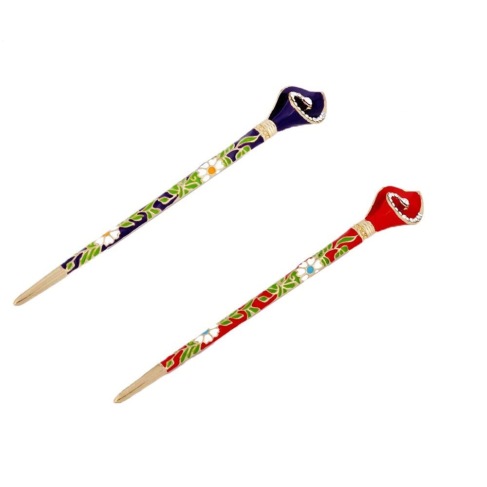 Ximimark Chinese Ethnic Landscape Hair Pin Hair Chopsticks Metal Rhinestone Handmade Hair Stick Hair Clip 2Pcs(Blue&Green)