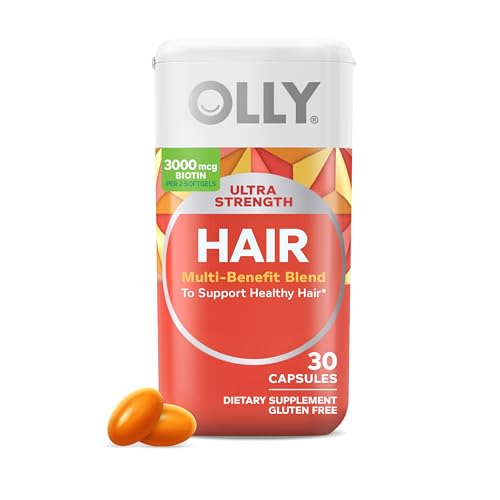 OLLY Ultra Strength Hair Softgels, Supports Hair Health, Biotin, Keratin, Vitamin D, B12, Hair Supplement, 30 Day Supply - 30 Count (Packaging May Vary)