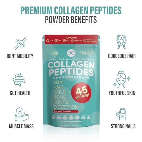 Hydrolyzed Collagen Peptides Powder - Grass Fed - 16 Ounces, Promotes Skin, Hair, Nails, Muscle, Bone, Joints & Gut Health for Women & Men, Easy to Mix, Unflavored & Odorless, Non GMO, Keto & Paleo