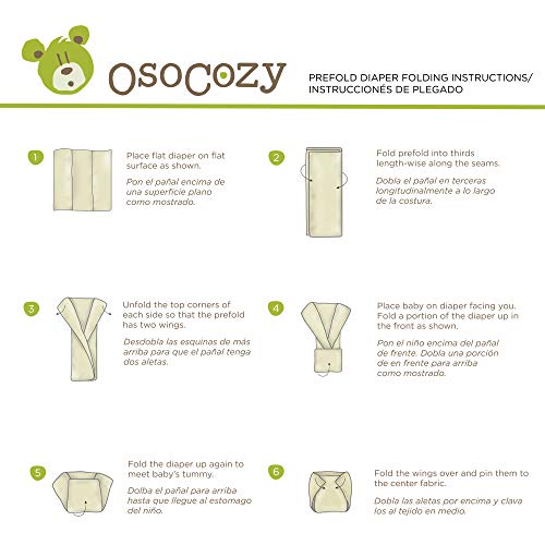OsoCozy Prefolds Unbleached Cloth Baby Diapers, Size 1 (7-15 lbs), 6 Pack, Soft, Absorbent and Durable 100% Natural Cotton