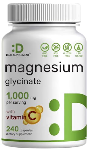 Magnesium Glycinate 500mg Per Capsule (1000mg Per Serving) Plus Vitamin C, 240 Capsules – 100% Chelated for Easy Absorption – Essential Mineral Supplement for Muscle, Sleep, & Heart Health
