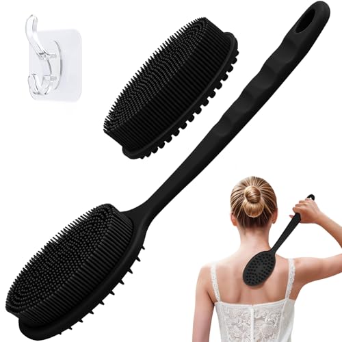 GEENOA Silicone Back Scrubber for Shower, Gentle Silicone Body Scrubber, Soft Silicone Loofah with Handle, Back Brush Bath Brush with Two Replaceable Brush Heads(Black-Two Heads)