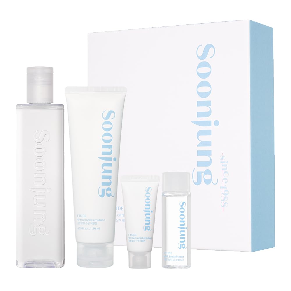 Etude Soonjung Skincare 2 Set ph 5.5 Relief Toner / 10-Free Moist Emulsion with Gift | Hypoallergenic Skin Soothing and Moisturizing Skincare for Sensitive Skin | Korean Skin Care, Perfect for Gift