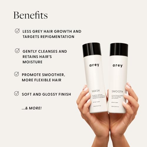Arey Shower Duo | Wash Shampoo and Smooth Conditioner | Delay + Reduce the Signs of Aging Grey Hair | Retain Moisture, Promote Smoothness | Vegan, Gluten-Free & Cruelty Free (2 Pack, 8.45 Fl Oz each)