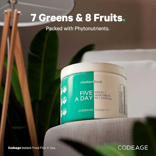 Codeage 5 Servings of Fruits & Veggies Equivalent in 1 Single Capsule - Whole Food Instantfood with 15 Greens & Fruits in All-in-One Pill, Eat Vegetables - Vegan Vitamins Supplement - Non-GMO - 30 ct