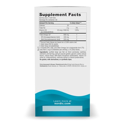Nordic Naturals Omega-3D, Lemon Flavor - 120 Soft Gels - 690 mg Omega-3 + 1000 IU Vitamin D3 - Fish Oil - EPA & DHA - Immune Support, Brain & Heart Health, Healthy Bones - Non-GMO - 60 Servings