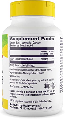 Healthy Origins Eggshell Membrane (NEM), 500 mg - Natural Collagen and Joint Support Supplement - Gluten-Free Supplement - 60 Veggie Capsules