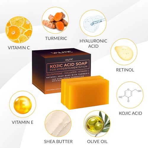 VALITIC Kojic Acid Soap for Hyperpigmentation - with Glutathione, Collagen & Vitamin C - Natural Soap Bars with Turmeric - Original Japanese Complex for Dark Spot Correction - 2 Pack