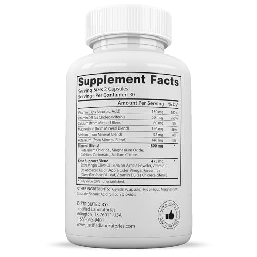 Optimal Keto Pills 1275MG New & Improved Formula Contains Apple Cider Vinegar Extra Virgin Olive Oil Powder Green Tea Leaf 60 Capsules