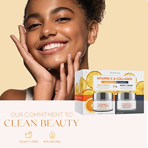 Skin 2.0 Vitamin C & Collagen Day & Night Face Moisturizer Cream - Dermatologist Tested, Brightening, Anti-Aging, Clean Beauty, Cruelty-Free Korean Skincare for All Skin Types - 1.69 oz (2-Pack)