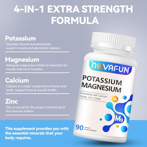 Novafun Potassium Magnesium Supplement 1185mg, High Potency Formula with Calcium Zinc, Bone & Muscle Health, Vegan, 90 Capsules