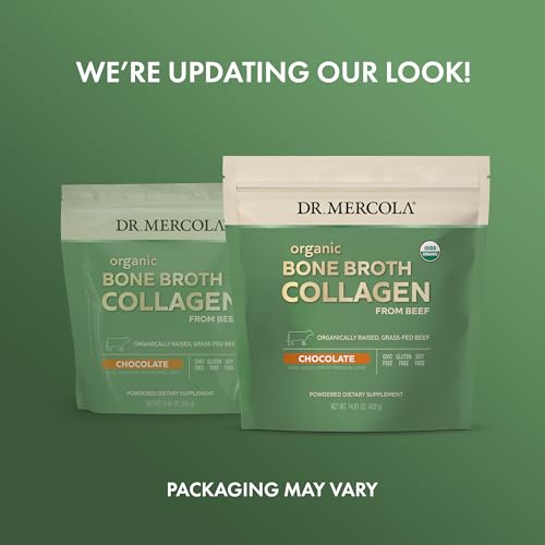 Dr. Mercola Organic Bone Broth Collagen Powder - Chocolate, 30 Servings (30 Scoops), Dietary Supplement, Supports Bone and Joint Comfort, USDA Organic, Non-GMO
