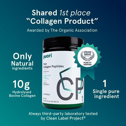 Puori - CP1 Pure Collagen Peptides Powder - Hair, Skin, Nails - Joint, Bones Support - Hydrolyzed Protein, Unflavored, 30 Servings