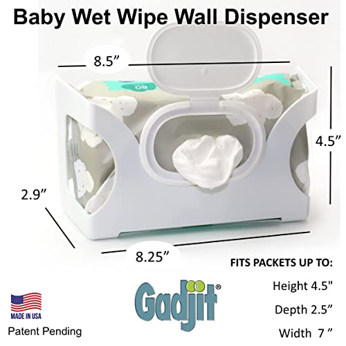 Gadjit Baby Wet Wipes, Hand Wipes Wall Dispenser | Mounts on a Wall and Holds Up to an 84 Count Pack of Wipes | Keeps Wipes Always Within Easy Reach of Messes (White)