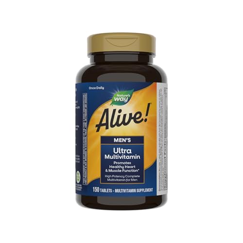 Nature's Way Alive! Men's Daily Ultra Multivitamin, Promotes Healthy Heart & Muscle Function*, with B-Vitamins Including Methylated B12, Gluten Free, 150 Tablets (Packaging May Vary)
