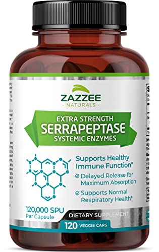 Zazzee Delayed Release Serrapeptase, 120,000 SPU per Capsule, 120 Vegan Capsules, 4 Month Supply, Extra Strength, Potent and Concentrated Systemic Enzymes, 100% Vegetarian, All-Natural and Non-GMO