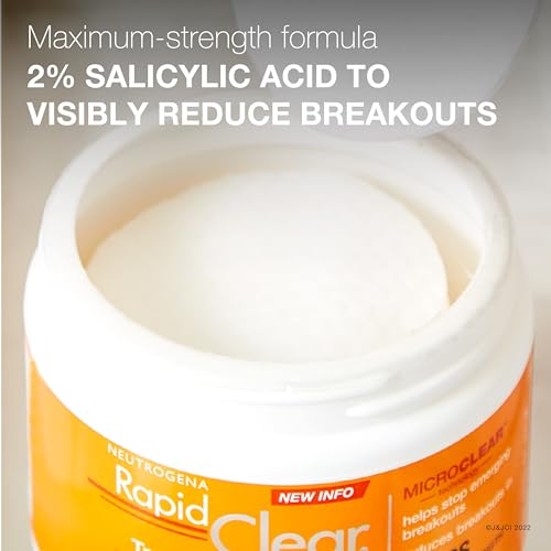 Neutrogena Rapid Clear Maximum Strength Acne Face Pads with 2% Salicylic Acid Acne Medication to Help Fight Breakouts, Oil-Free Facial Cleansing Pads for Acne-Prone Skin, 3 Pack