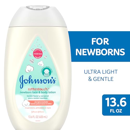 Johnson's CottonTouch Newborn Baby Face and Body Lotion, Hypoallergenic Moisturization for Baby's Skin, Made with Real Cotton, Paraben-Free, Dye-Free, 13.6 fl. oz