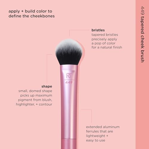 Real Techniques Tapered Cheek Makeup Brush, For Blush, Highlighter, Loose, Or Pressed Powder, Blush Brush With Synthetic Bristles, Precise Makeup Application, Aluminum Handle, Cruelty Free, 1 Count