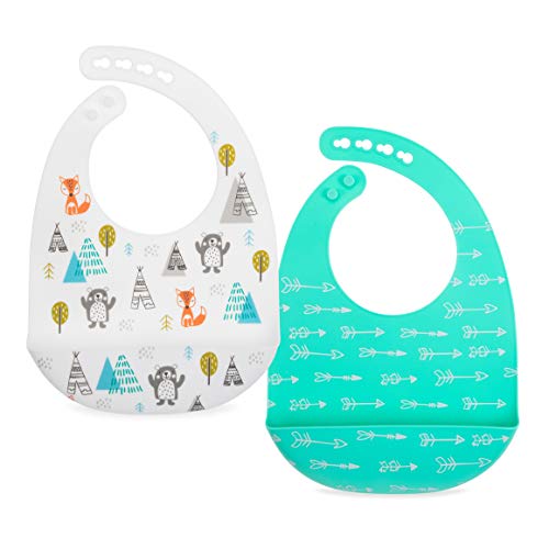 Nuby 2 Pack Adjustable Easy Clean Soft Silicone Bibs with Scoop, Arrows & Bears/Foxes