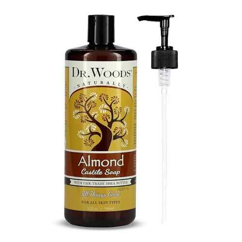 Dr. Woods Almond Liquid Castile Soap with Pump- Castile Soap with Pure Almond Oil, Body Wash for Men and Women, Contains Organic Shea Butter, Natural Cleaner for Face, Hands, and Body - 32 Fl Oz