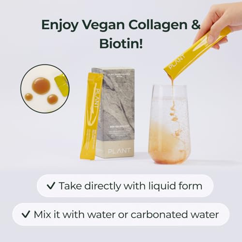 PLANT Vegan Liquid Collagen + Biotin, 15 Servings, Lemon Flavor, Vegetarian Collagen Peptides for Hair, Skin, Nails, Halal, Kosher, High Absorption Collagen Liquid Stick Pack