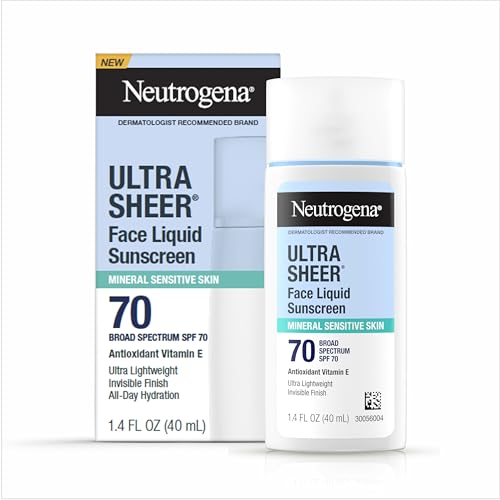 Neutrogena Ultra Sheer Face Liquid Mineral Sunscreen, Lightweight, Broad Spectrum SPF 70 Facial Sunscreen for Sensitive Skin Leaves a Silky, Non-Greasy Finish, Oxybenzone-Free, 1.4 fl. oz