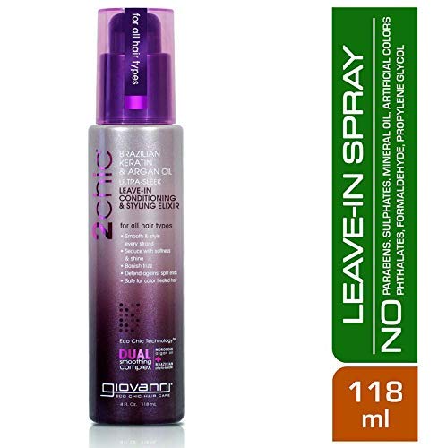 Giovanni Organic 2Chic Brazilian Keratin & Argan Oil Leave-In Conditioning & Styling Spray with No Parabens, No Sulphates, No Mineral Oil, No Colours, No PEG, USDA Certified Organic 118ml
