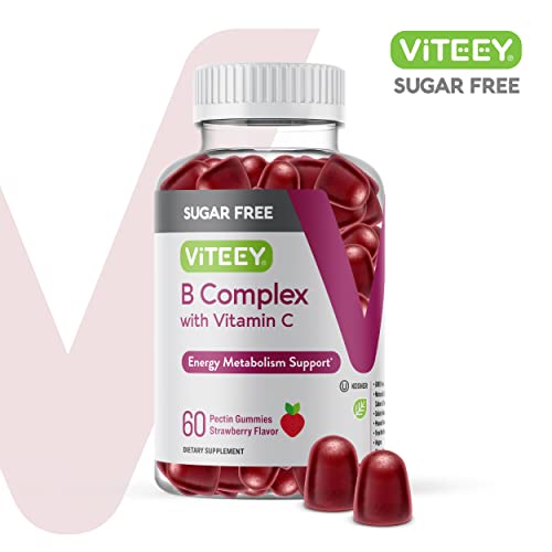 Vitamin B Complex Gummies with Vitamin C, Sugar Free - Energy, Metabolism & Nerve Health - B6, B12, Folic Acid, Biotin - Vegan, Gelatin Free, GMO Free - Tasty Chewable Strawberry Flavored Gummy