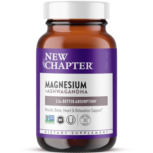 New Chapter Magnesium + Ashwagandha Supplement, 325 mg with Magnesium Glycinate, Calm & Relaxation, Muscle Recovery, Heart & Bone Health, 2.5x Absorption, Gluten Free, Non-GMO - 30 ct (1 Month Supply)