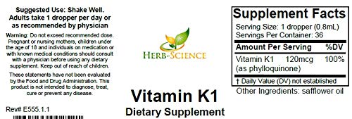 Herb-Science Vitamin K1 Drops - Pure Cold-Processed VIT K1 & Safflower Oil Supplement - Supports Blood, Bone, Skin Health - Drops for Oral & External Use - No Alcohol, Vegan, 1 Fl oz, 36 Servings