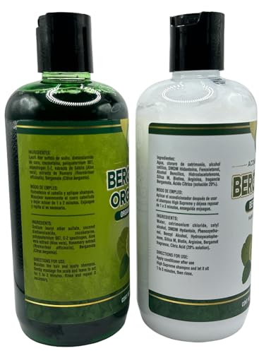 Shampoo Organic Bergamot + Conditioner (16.9 fl oz) with Aloe Vera & Rosemary | SHAMPOO ORGÁNICO BERGAMOTA con Sábila & Romero + Acondicionador 16.9 fl oz + ACEITE BERGAMOTA 125 m