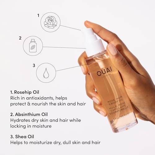 OUAI Rose Hair and Body Oil - Anti-Frizz Hair + Skin Moisturizing Oil Spray for Adding Shine and Perfume All Over - Formulated with Absinthium and Rosehip Oil (3 oz)