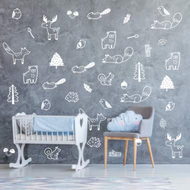 The Boho Design Forest Animal Wall Decals Peel and Stick for Kids, Baby Bedroom Nursery and Living Room. 36 pcs Adhesive Vinyl Wall Stickers Decor (White)