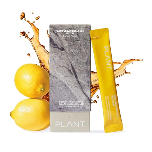 PLANT Vegan Liquid Collagen + Biotin, 15 Servings, Lemon Flavor, Vegetarian Collagen Peptides for Hair, Skin, Nails, Halal, Kosher, High Absorption Collagen Liquid Stick Pack