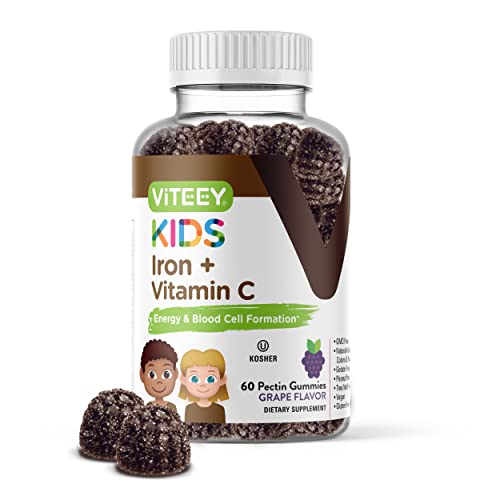 Iron Gummies for Kids with Vitamin C - Supports Energy, Blood Cell Formulation, Blood Builder Anemia Kids Iron Supplements - Vegan, Gelatin Free, Gluten Free - Tasty Chewable Grape Flavored Gummy